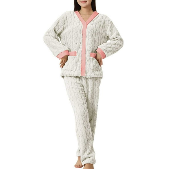 hoksml Women's Solid Color Winter Fleece Pajama Set with Pockets Soft Coral Fleece Thermal Sleepwear Elastic Waistband