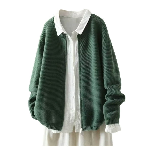 hoksml Women's Solid Color Zip Up Cardigan Sweater Leisure Round Neck Long Sleeve Lightweight Knit Jacket Loose Fit Loungewear