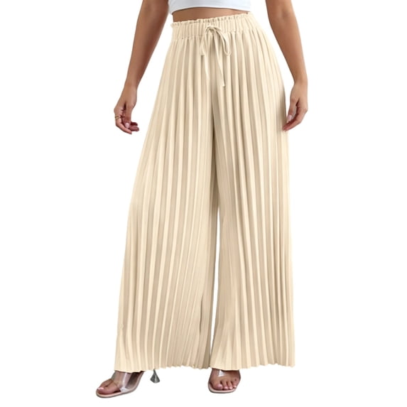 hoksml Women's Solid Pleated Elastic Waist Drawstring Loose Wide Leg Pants, Elegant Casual Vacation Style