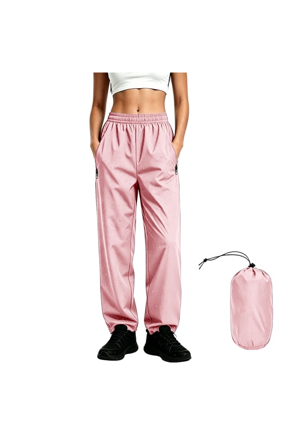 Women's Splash-Resistant Packable Pants Elastic Waist Straight Leg Rain Trousers with Zipper Pockets for Hiking Outdoor Travel