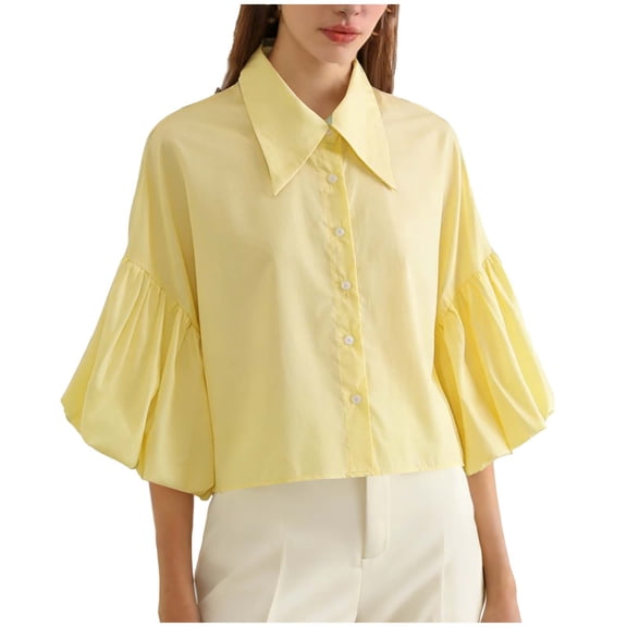 hoksml Women's Spring Summer 3/4 Sleeve Blouse Puff Sleeve Crop Shirt with Lapel Collar Solid Color Casual Button Down Top
