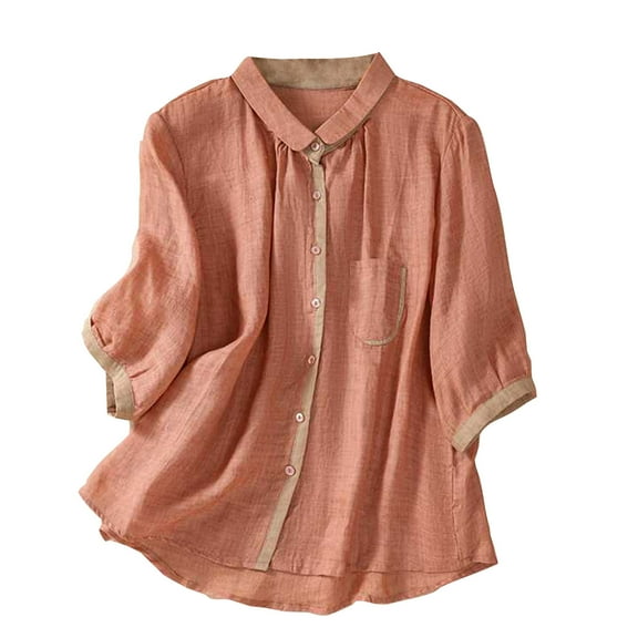 hoksml Women's Spring Summer Linen Blouses Casual Tops Solid Color Short Sleeve Button Down Shirts Turndown Collar Pocket 3/4 Sleeve Blouse