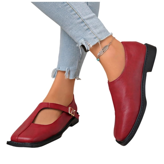 hoksml Women's Square Toe T-Strap Mary Jane Flats, Adjustable Buckle Low Heel Dress Shoes, 3 Colors