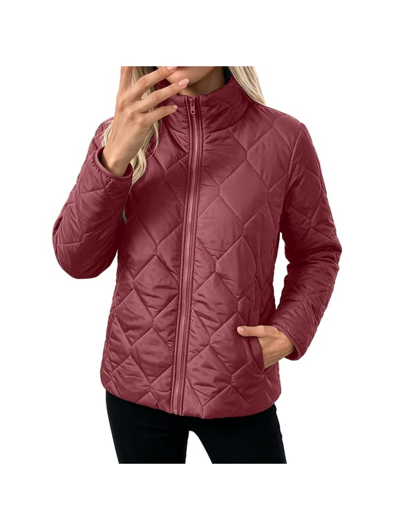Women’s Stand‑Collar Diamond Quilted Jacket, Zip‑Up Lightweight Outer Coat