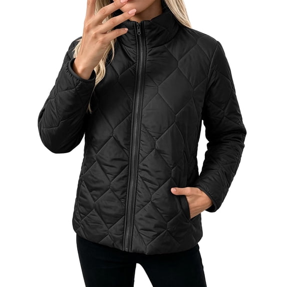 hoksml Women’s Stand‑Collar Diamond Quilted Jacket, Zip‑Up Lightweight Outer Coat