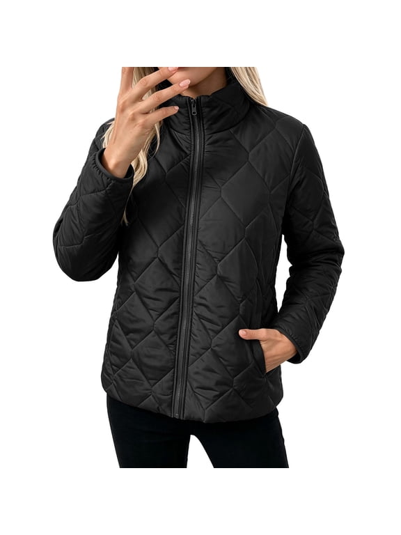Women’s Stand‑Collar Diamond Quilted Jacket, Zip‑Up Lightweight Outer Coat