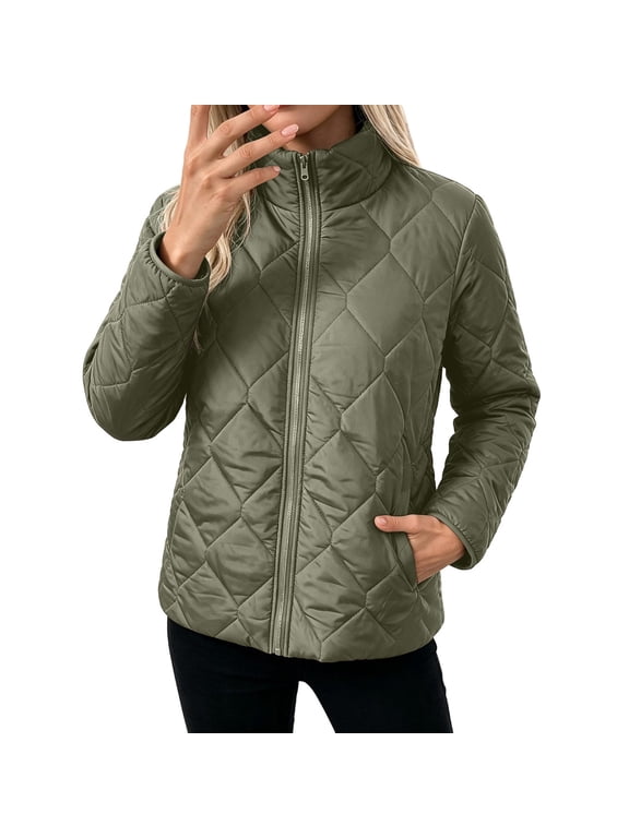 Women’s Stand‑Collar Diamond Quilted Jacket, Zip‑Up Lightweight Outer Coat