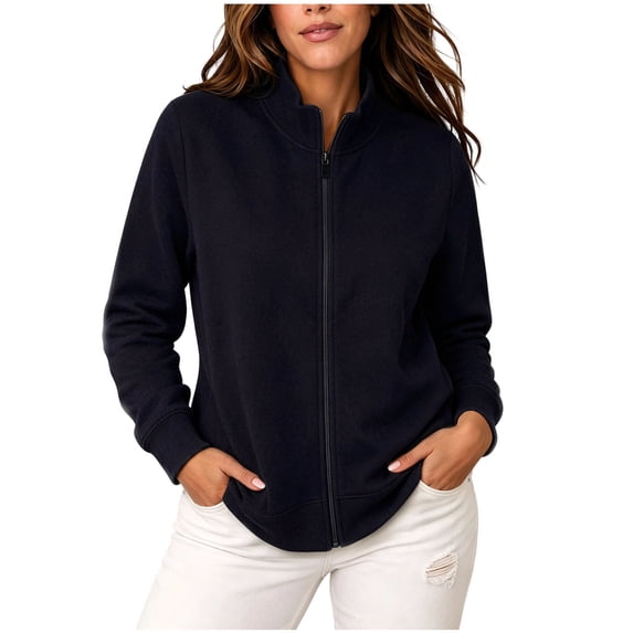 hoksml Women's Stand Collar Full Zip Jacket, Relaxed Long Sleeve Sweatshirt with Side Pockets and Ribbed Cuffs