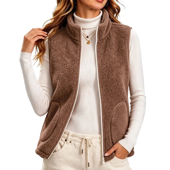 hoksml Women’s Stand‑Collar Sherpa Fleece Vest, Full‑Zip Sleeveless Layering Gilet