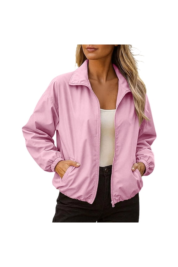 Women's Stand Collar Water Resistant Windbreaker Jacket, Elastic Cuff Hem Zip Up Lightweight Casual Outdoor Coat for Daily Travel Hiking