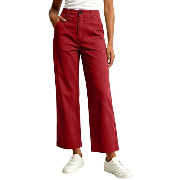 hoksml Women's Straight Leg Cropped Pants Button Front High Waisted Wide Leg Trousers with Pockets for Daily Wear And Everyday Commuting