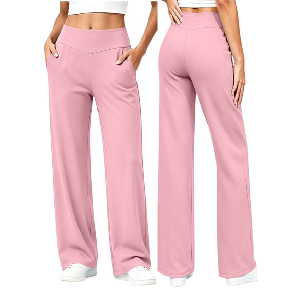 hoksml Women's Straight Leg Pants V Waist Wide Waistband Casual Pants with Pockets