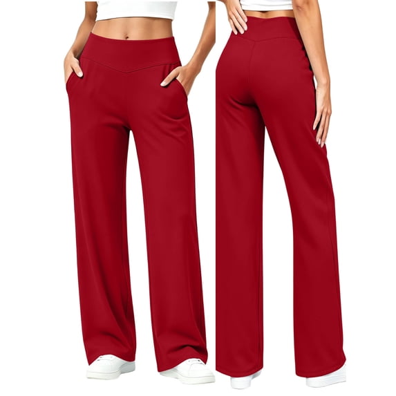 hoksml Women's Straight Leg Pants V Waist Wide Waistband Casual Pants with Pockets