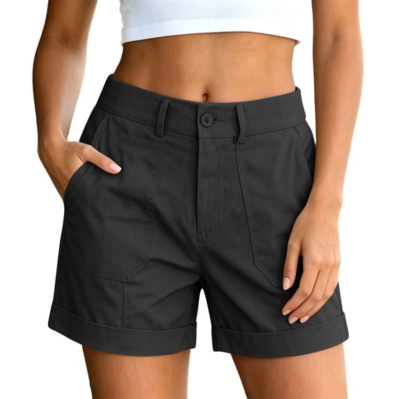 hoksml Women High Waist Cargo Chino Shorts Cuffed Hem Solid Casual Walking Bottoms for Daily Comfort