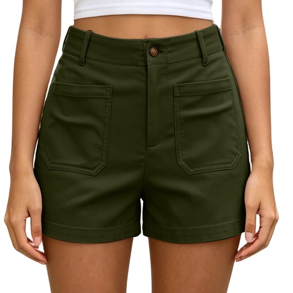hoksml Women's Stretch Fabric Utility Shorts Button Closure Solid Shorts for Summer Casual and Everyday Wear