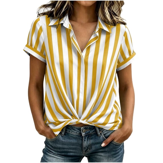 hoksml Women's Striped Blouse, Collared V Neck Short Sleeve Shirt, Twist Front Casual Daily Office Wear Top