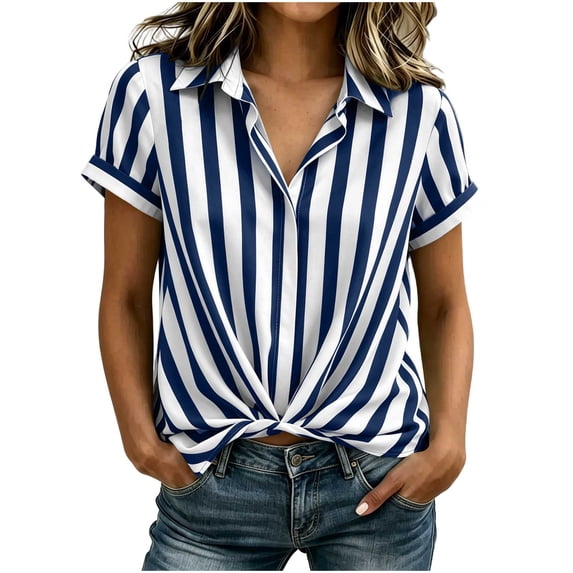 hoksml Women's Striped Blouse, Collared V Neck Short Sleeve Shirt, Twist Front Casual Daily Office Wear Top