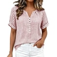 thumbnail image 1 of hoksml Women's Striped Blouse, V Neck Henley Short Sleeve Shirt, Casual Loose Fit Daily Office Wear Top, 1 of 9