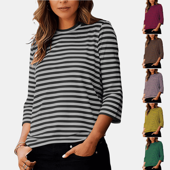 hoksml Women's Striped Crew Neck Long Sleeve T Shirt Casual Loose Fit Tops for Everyday Wear