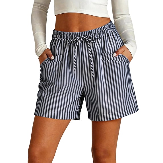 hoksml Women's Striped Drawstring Shorts High Waist Casual Summer Shorts with Pockets
