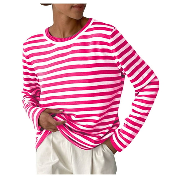 hoksml Women's Striped Knit Sweater Long Sleeve Crewneck Pullover Casual Soft Comfortable Striped Top