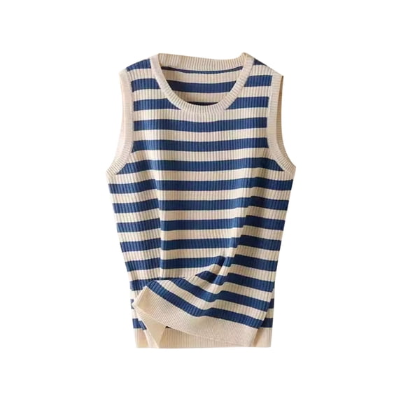 hoksml Women's Striped Knit Sweater Vest Sleeveless Round Neck Ribbed Knit Tank Tops for Casual Layering