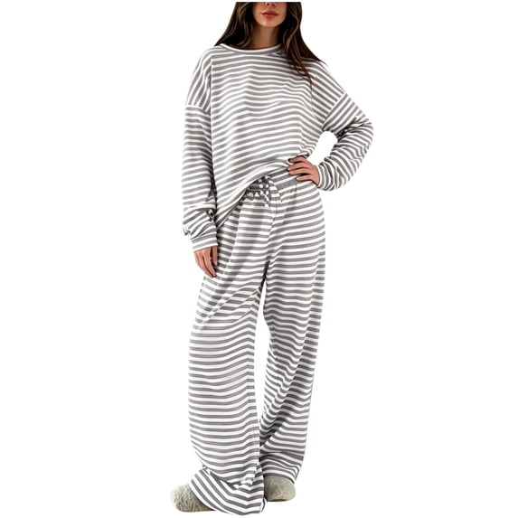 hoksml Women's Striped Loungewear 2 Piece Set, Crew Neck Long Sleeve Top and Drawstring Wide Leg Pants Casual Outfit