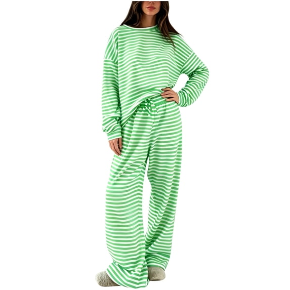 hoksml Women's Striped Loungewear 2 Piece Set, Crew Neck Long Sleeve Top and Drawstring Wide Leg Pants Casual Outfit