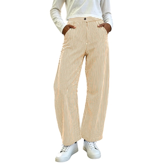 hoksml Women's Striped Wide Leg Pants Button Front High Waisted Straight Trousers with Pockets for Casual Daily Wear
