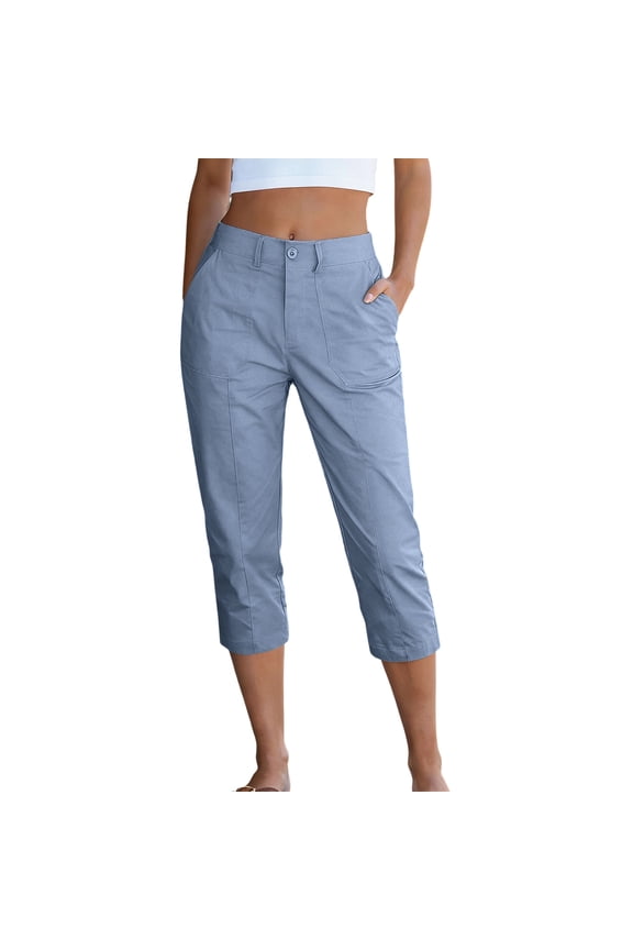 Women's Summer Capri Pants, High Waist Button Zipper Closure, Flat Front Elastic Back Waistband Cropped Trousers with Pockets