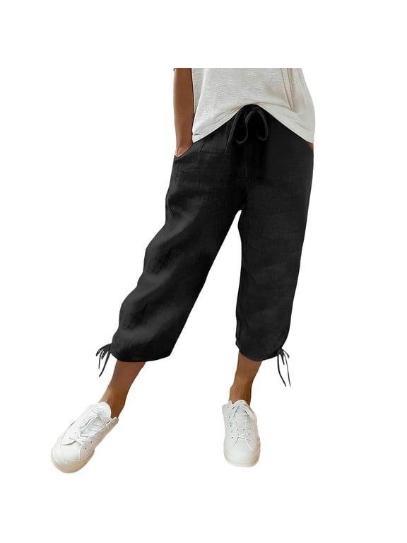 Women's Summer Cotton Capri Pants, Casual Drawstring Waist Tie-Cuff Beach Pants with Pockets