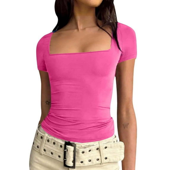 hoksml Women's Summer Short Sleeve Crop Top Solid Color Square Neck Slim Fit Basic Shirt Casual Stretch Tight Tee