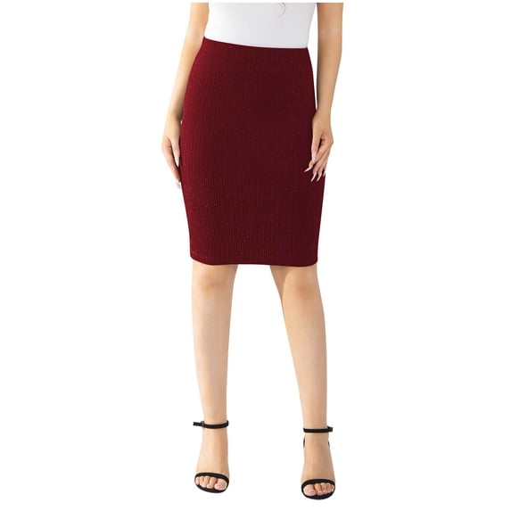 hoksml Women's Summer Solid Color Ribbed Knit Pencil Skirt, High Elastic Waist Bodycon Midi Skirt for Office and Casual Wear