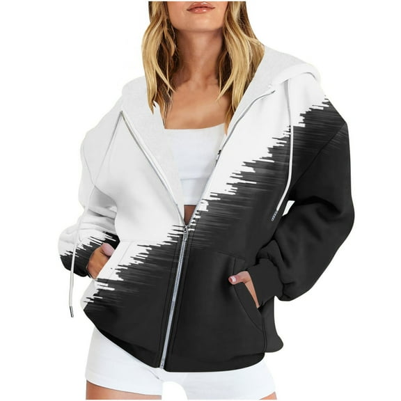 hoksml Women's Sweatshirt Casual Zippered Hooded Coats Long Sleeved Drawstring Pockets Active Jacket Top