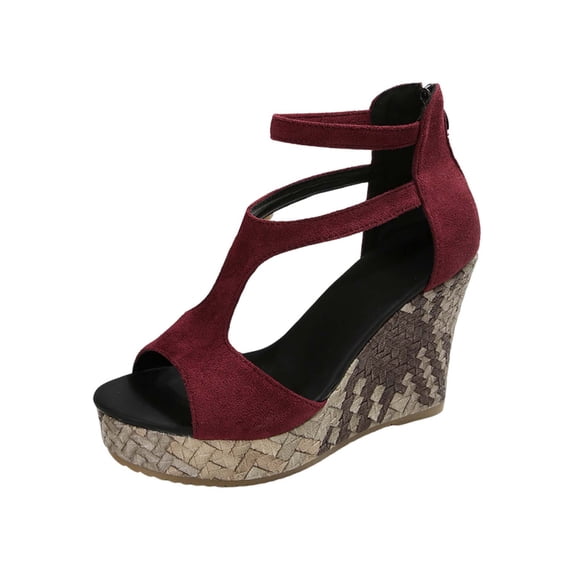 hoksml Women's T-Strap Wedge Sandals Peep Toe Ankle Strap 3.94 Inch High Heel Summer Dressy Shoes