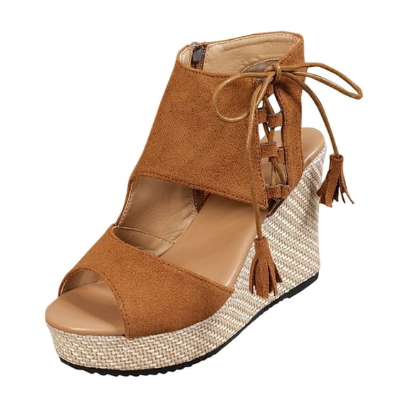 hoksml Women's Tassel Lace-Up Wedge Sandals Peep Toe Ankle Bootie 3.94 Inch High Heel Summer Dressy Shoes