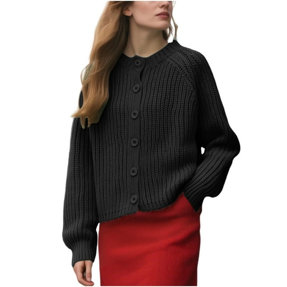 hoksml Women's Textured Knit Button Cardigan Solid Color Round Neck Long Sleeve Open Front Sweater Casual Lounge Coat (Multiple Colors Available)