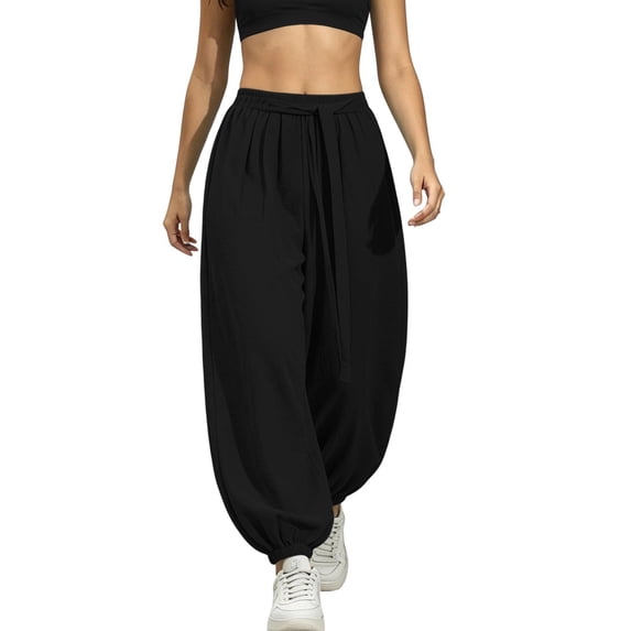 hoksml Women's Tie Waist Jogger Pants, Solid Color Loose Elastic Cuff Casual Trousers