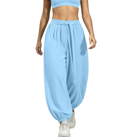 hoksml Women's Tie Waist Jogger Pants, Solid Color Loose Elastic Cuff Casual Trousers