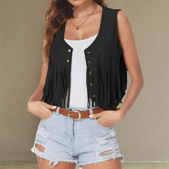 hoksml Women's Trendy Vintage Jacket Round Neck Sleeveless Cardigan Lightweight Solid Coat