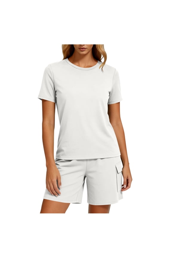 Women's Two Piece Summer Casual Outfit, Crew Neck Short Sleeve Top and Cargo Pocket Shorts 2-Piece Set