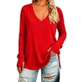 thumbnail image 1 of hoksml Women's V Neck Casual Tunic Top, Solid Side Slit Loose Long Sleeve Shirt, 1 of 5