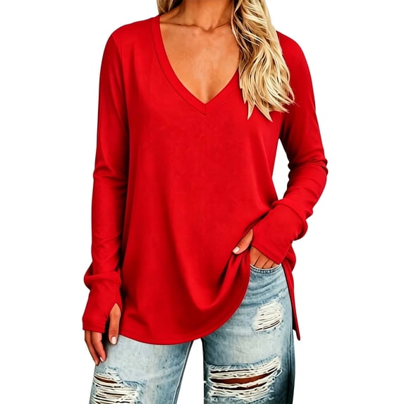 hoksml Women's V Neck Casual Tunic Top, Solid Side Slit Loose Long Sleeve Shirt