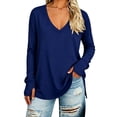 thumbnail image 1 of hoksml Women's V Neck Casual Tunic Top, Solid Side Slit Loose Long Sleeve Shirt, 1 of 5