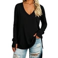 thumbnail image 1 of hoksml Women's V Neck Casual Tunic Top, Solid Side Slit Loose Long Sleeve Shirt, 1 of 5