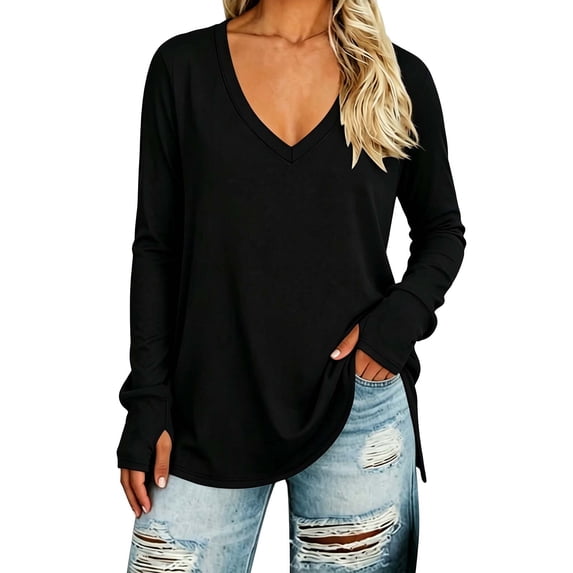 hoksml Women's V Neck Casual Tunic Top, Solid Side Slit Loose Long Sleeve Shirt