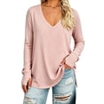thumbnail image 1 of hoksml Women's V Neck Casual Tunic Top, Solid Side Slit Loose Long Sleeve Shirt, 1 of 5
