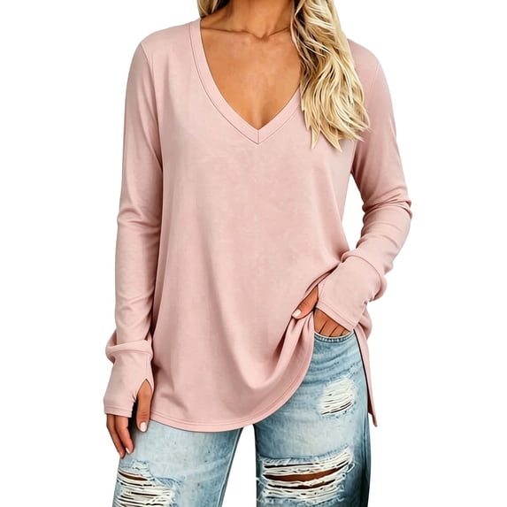 hoksml Women's V Neck Casual Tunic Top, Solid Side Slit Loose Long Sleeve Shirt