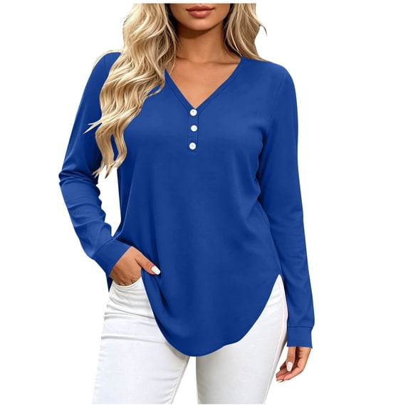 hoksml Women's V Neck Henley Long Sleeve T Shirt, 3 Button Front Curved Hem Casual Blouse, Loose Fit Basic Top Solid Colors