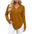 thumbnail image 1 of hoksml Women's V Neck Henley Long Sleeve T Shirt, 3 Button Front Curved Hem Casual Blouse, Loose Fit Basic Top Solid Colors, 1 of 6